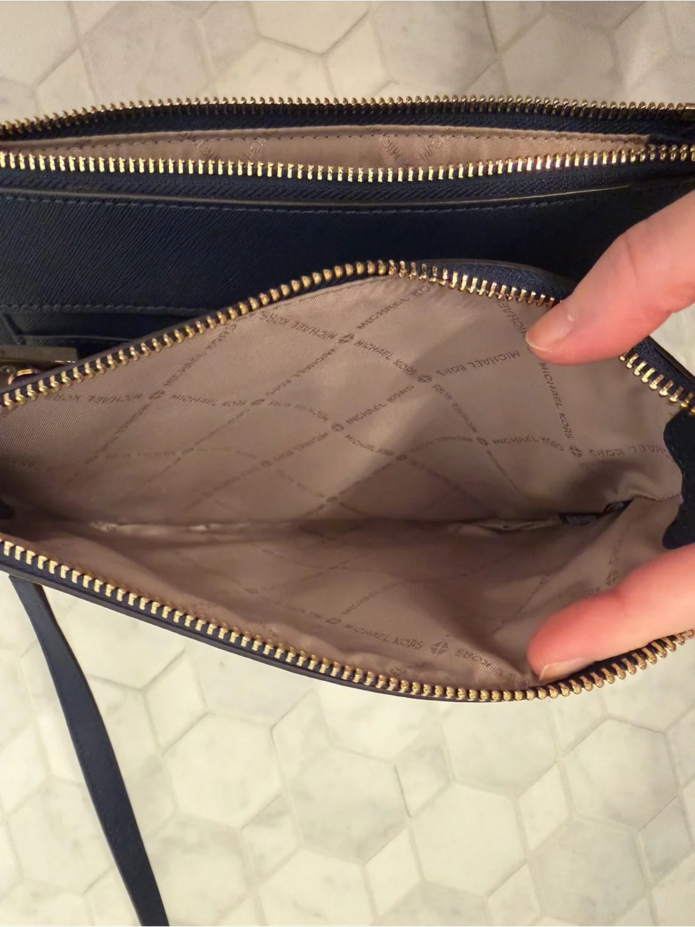 Michael Kors Navy Blue Crossbody with Gold Hardware